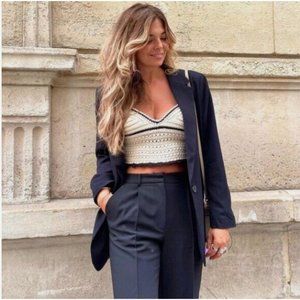 ZARA KNIT CROCHET TOP CREAM ECRU BLACK CROP BUSTIER MACRAME S SMALL